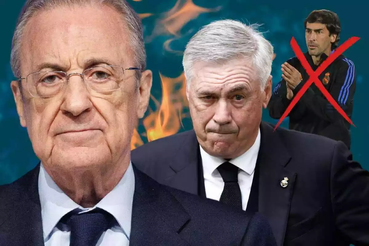 Florentino Pérez, Carlo Ancelotti i Raúl sobre un fons ple de flames