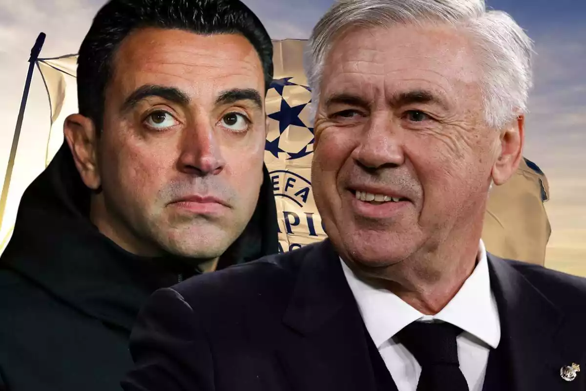 Xavi Hernández i Carlo Ancelotti en primer pla davant una bandera de la Champions League