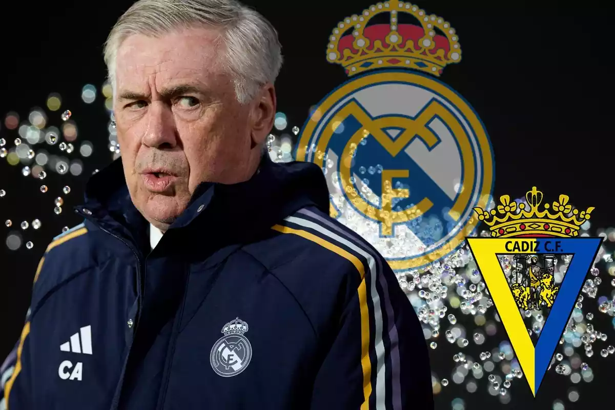 Carlo Ancelotti i l'escut del Cadis CF en primer pla