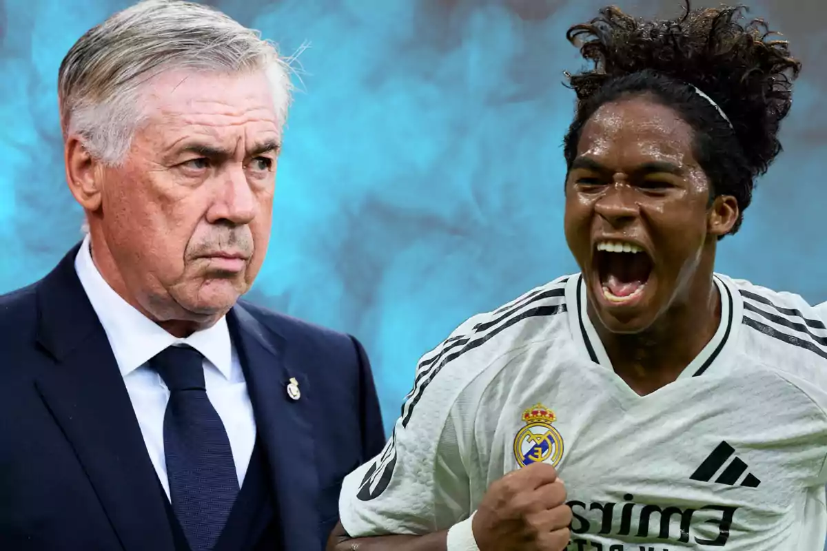 Un home de vestit amb un jugador de futbol celebrant amb una samarreta blanca del Reial Madrid. Un home de vestit amb un jugador de futbol celebrant amb una samarreta blanca del Reial Madrid.