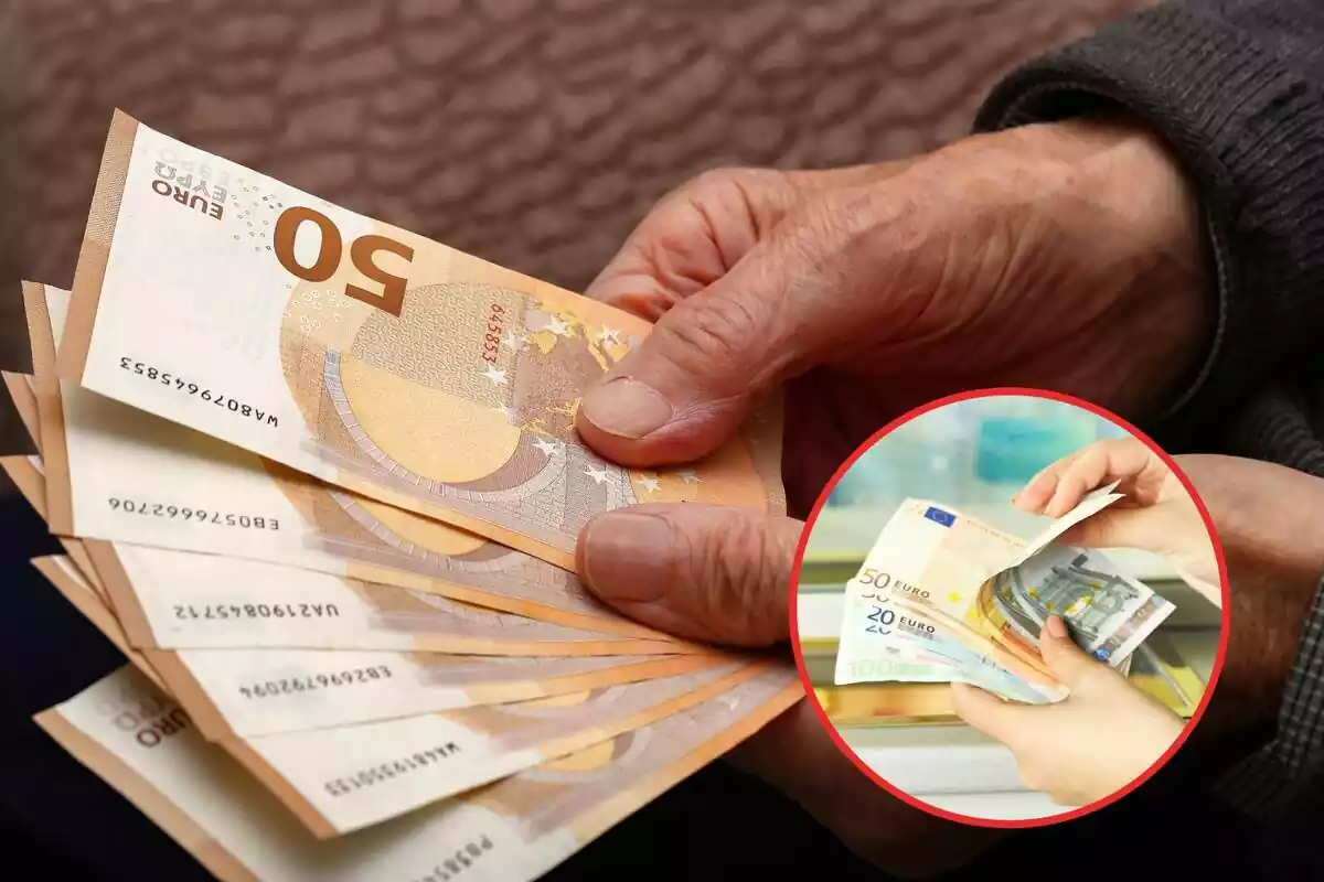 Muntatge amb un ancià amb bitllets de 50 euros a la mà i un cercle amb més bitllets
