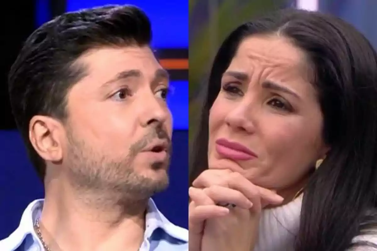 Dues persones en una conversa emocional a GH DUO, Ángel Cristo JR sembla estar parlant mentre Ana Herminia escolta amb expressió preocupada.