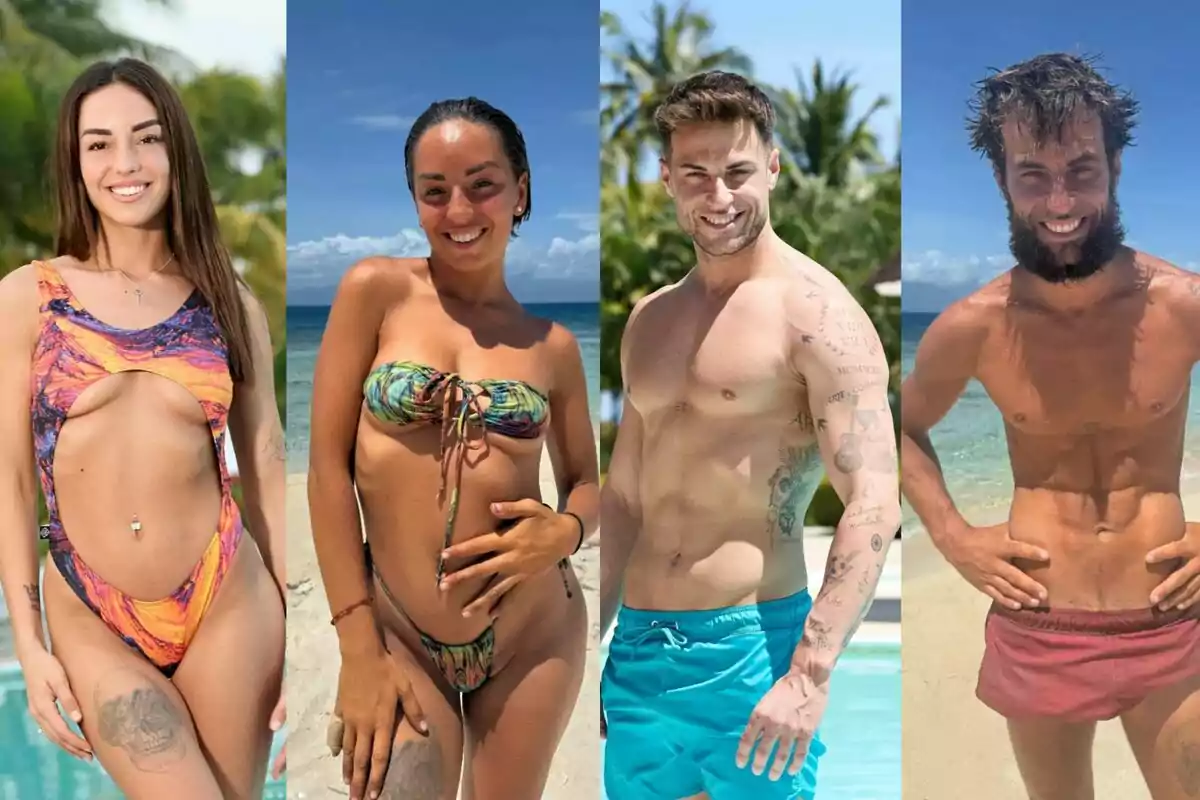 Anita i Montoya, l’abans i el després, posen en banyador a la platja i al costat d’una piscina, totes somriuen i el fons mostra palmeres i cel blau. Anita i Montoya, l’abans i el després, posen en banyador a la platja i al costat d’una piscina, totes somriuen i el fons mostra palmeres i cel blau.