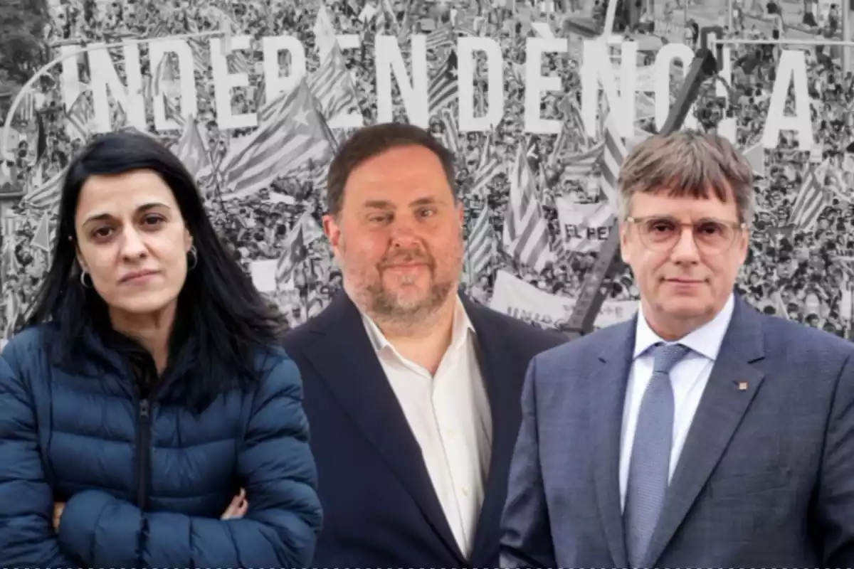 Imatge d'Anna Gabriel Oriol Junqueras i Carles Puigdemont amb una manifestació independentista de fons