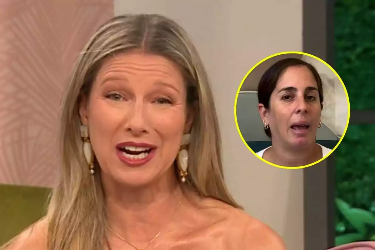 Anne Igartiburu rossa parlant a D Corazón amb una imatge circular d'Anabel Pantoja a la cantonada superior dreta.