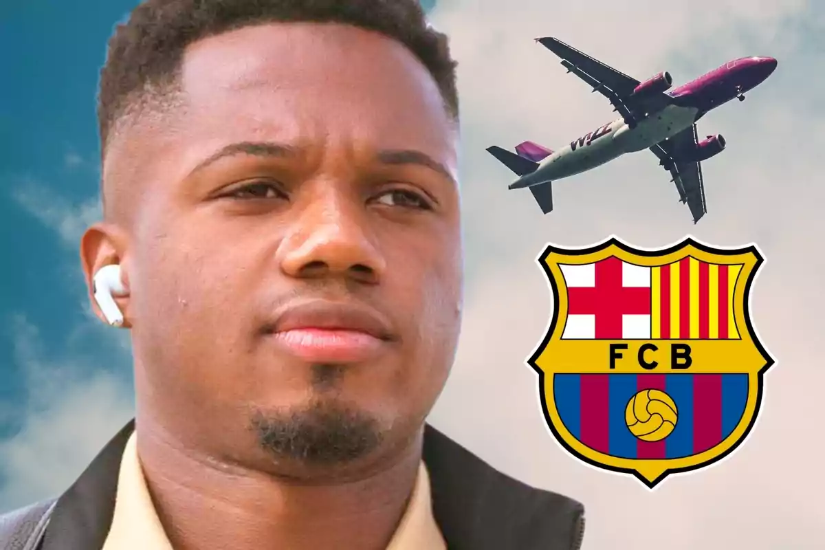 Un home amb auriculars apareix en primer pla, darrere d'ell hi ha un avió al cel i l'escut del FC Barcelona.