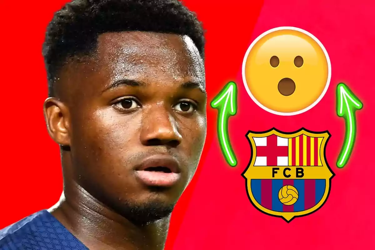 Un futbolista amb expressió de sorpresa al costat d’un emoji sorprès, dues fletxes verdes i l’escut del FC Barcelona sobre un fons vermell