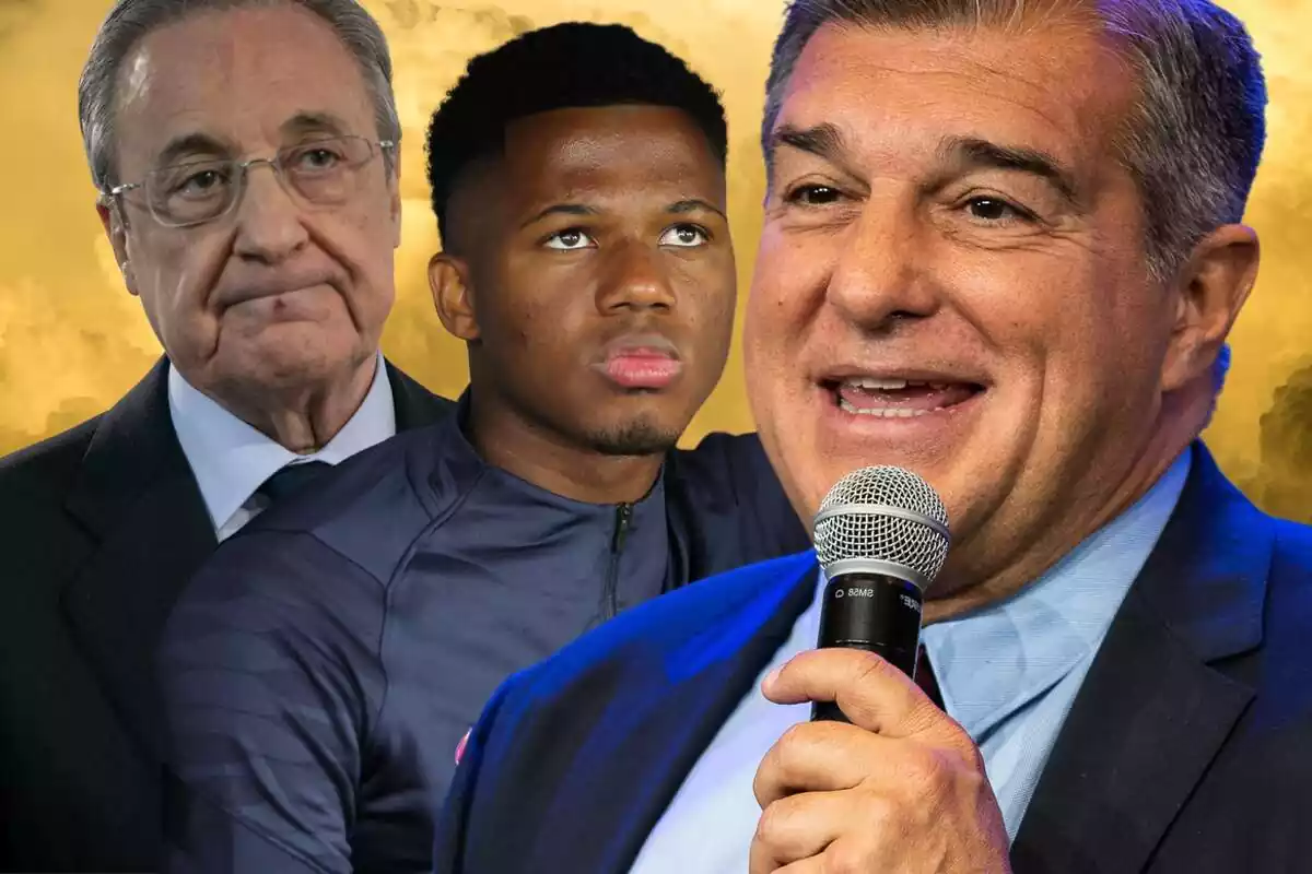 Joan Laporta, feliç, al costat d'Ansu Fati i Florentino Pérez amb cara de preocupació