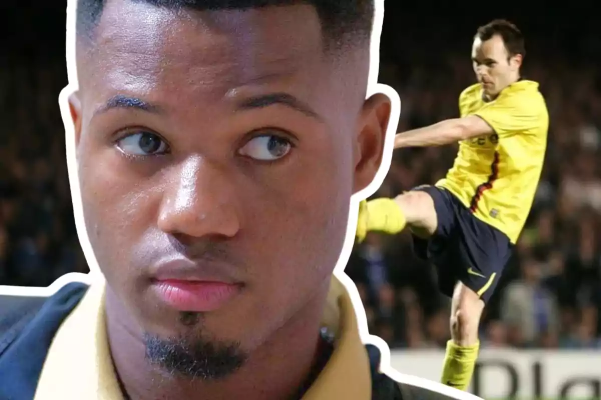 Close-up of a young man with a serious expression and, in the background, a player dressed in yellow kicking a ball in a stadium.