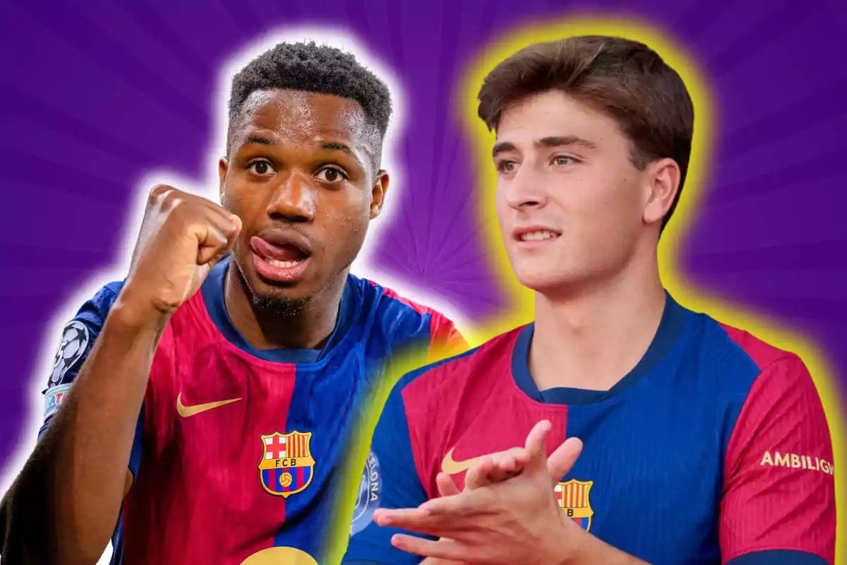 Dos jugadores de fútbol con camisetas del FC Barcelona sobre un fondo morado con rayos.