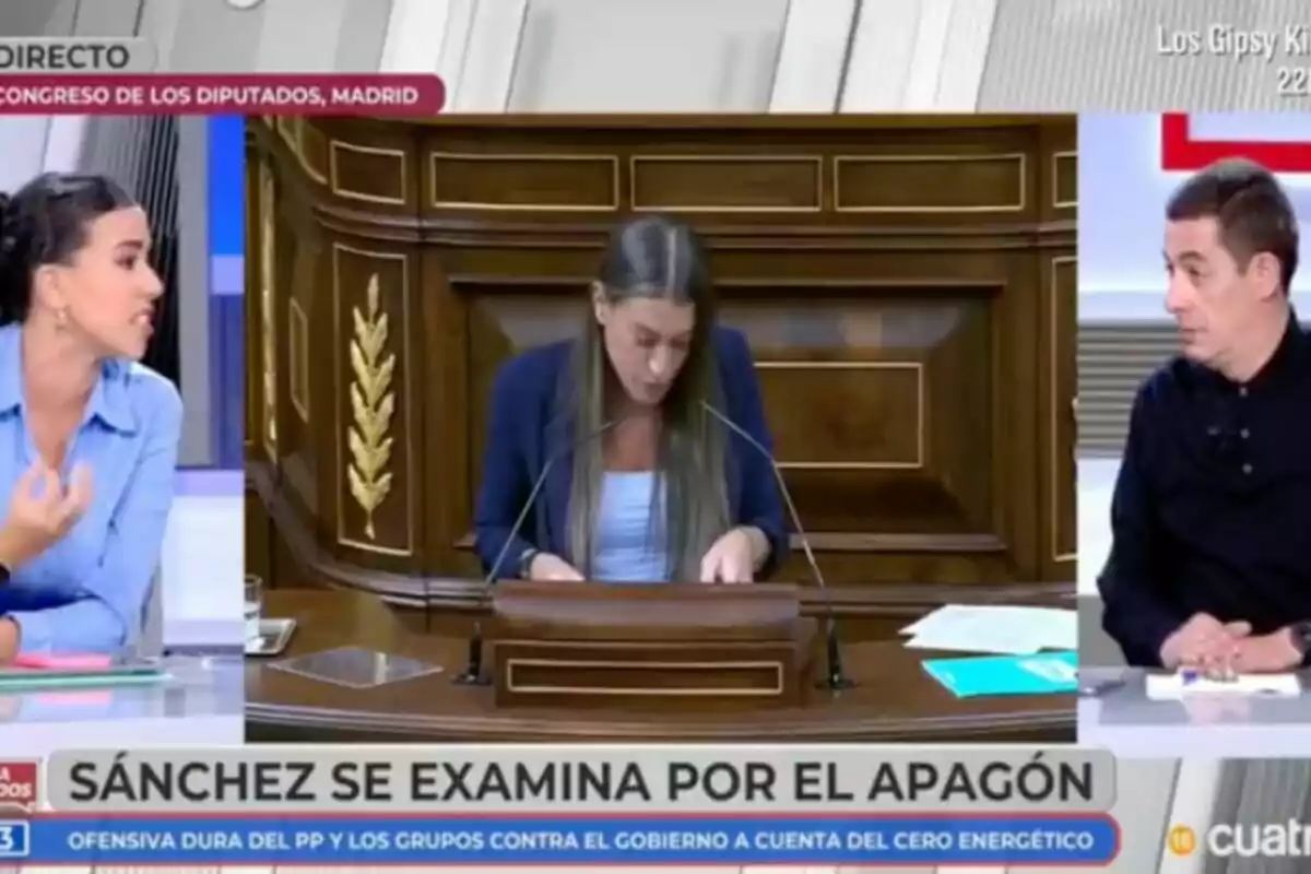 A la imatge s'observa un programa de televisió, 'En boca de todos', en el qual es discuteix un tema polític relacionat amb el Congrés dels Diputats a Madrid, amb Sarah Santaolalla i Antonio Naranjo participant en la conversa. A la imatge s'observa un programa de televisió, 'En boca de todos', en el qual es discuteix un tema polític relacionat amb el Congrés dels Diputats a Madrid, amb Sarah Santaolalla i Antonio Naranjo participant en la conversa.