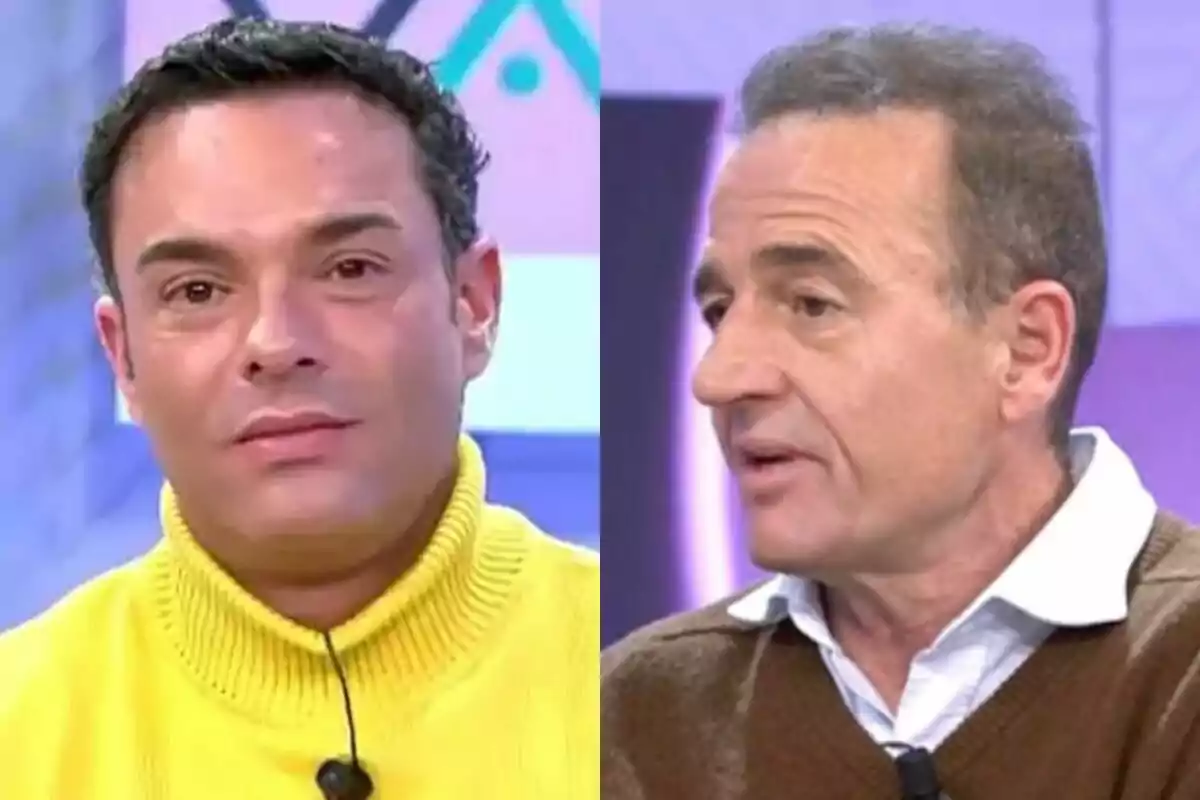 Dos hombres en Vamos a ver, Antonio Rossi con suéter amarillo y Alessandro Lecquio con suéter marrón.