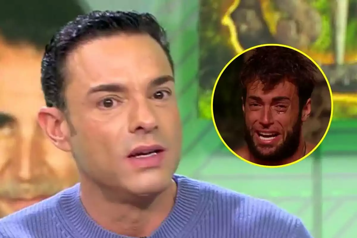 Antonio Rossi amb expressió seriosa apareix a Vamos a ver en primer pla, mentre que en un cercle groc es mostra Montoya plorant a Supervivientes.