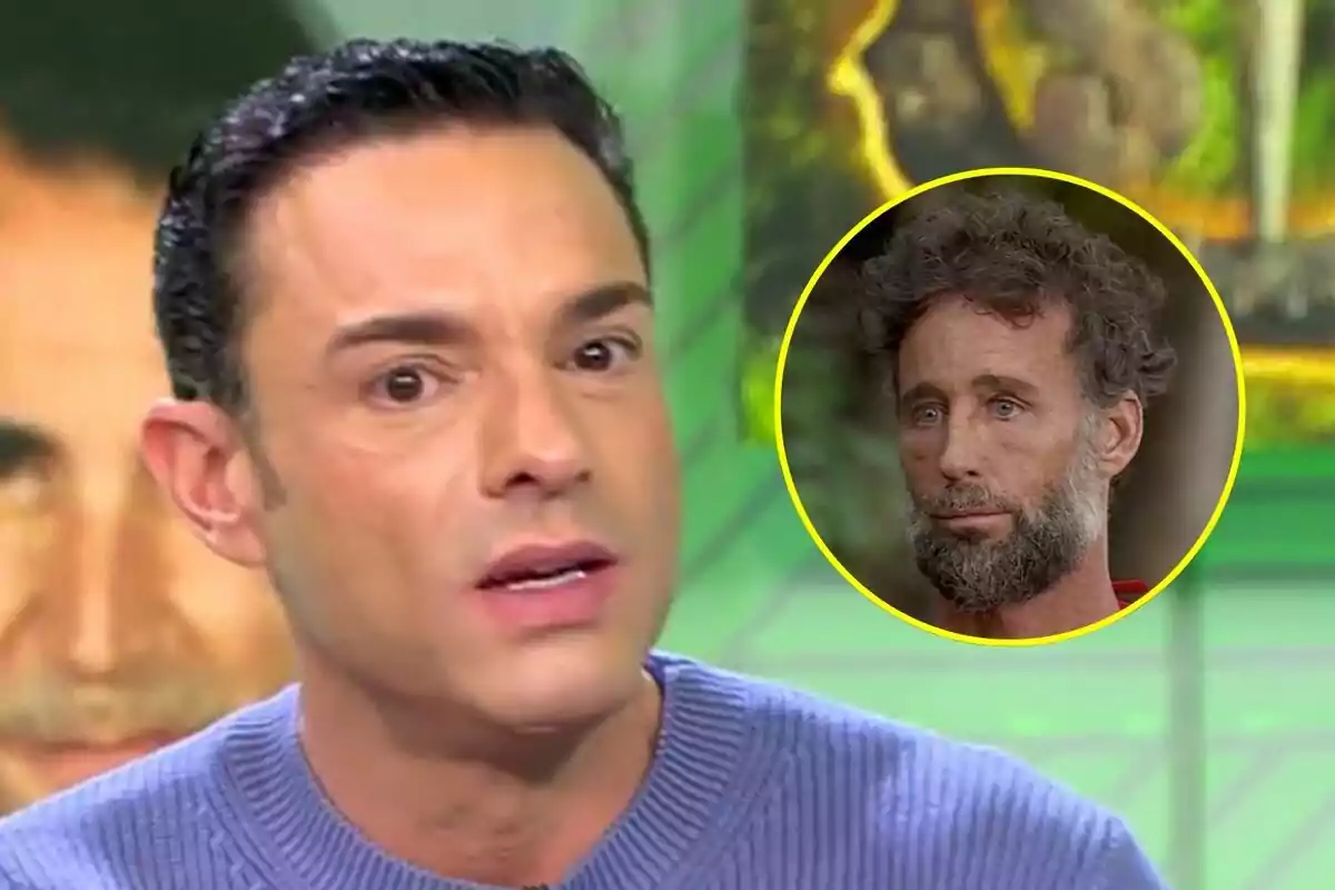 Antonio Rossi de cabells foscos i jersei lila a Vamos a ver en primer pla amb una imatge circular d’Álvaro Muñoz Escassi amb barba i cabells arrissats a Supervivientes a la cantonada superior dreta