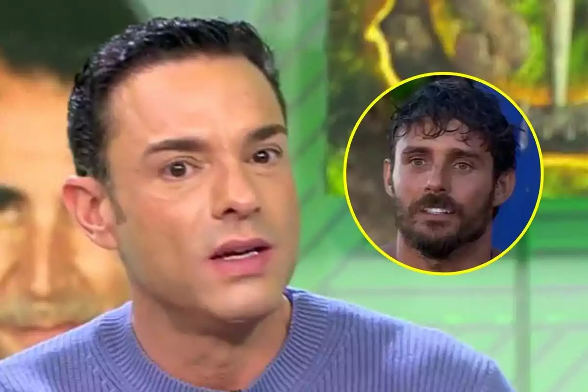 Antonio Rossi amb jersei blau apareix en primer pla a Vamos a ver mentre a la cantonada superior dreta hi ha un cercle groc amb la imatge de Manuel González amb barba a Supervivientes.