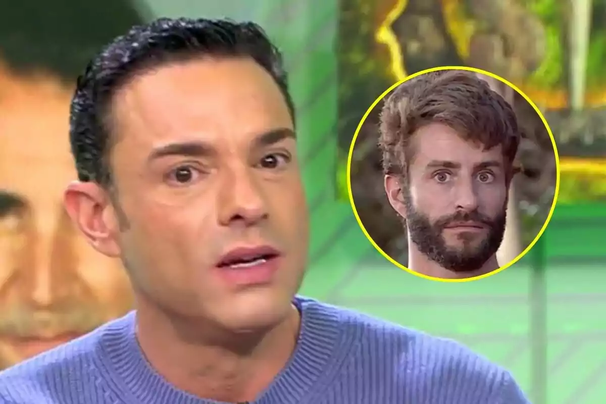 Antonio Rossi amb jersei blau apareix en primer pla a Vamos a ver mentre que a la cantonada superior dreta hi ha un cercle groc amb la imatge de Pelayo Díaz amb barba a Supervivientes.