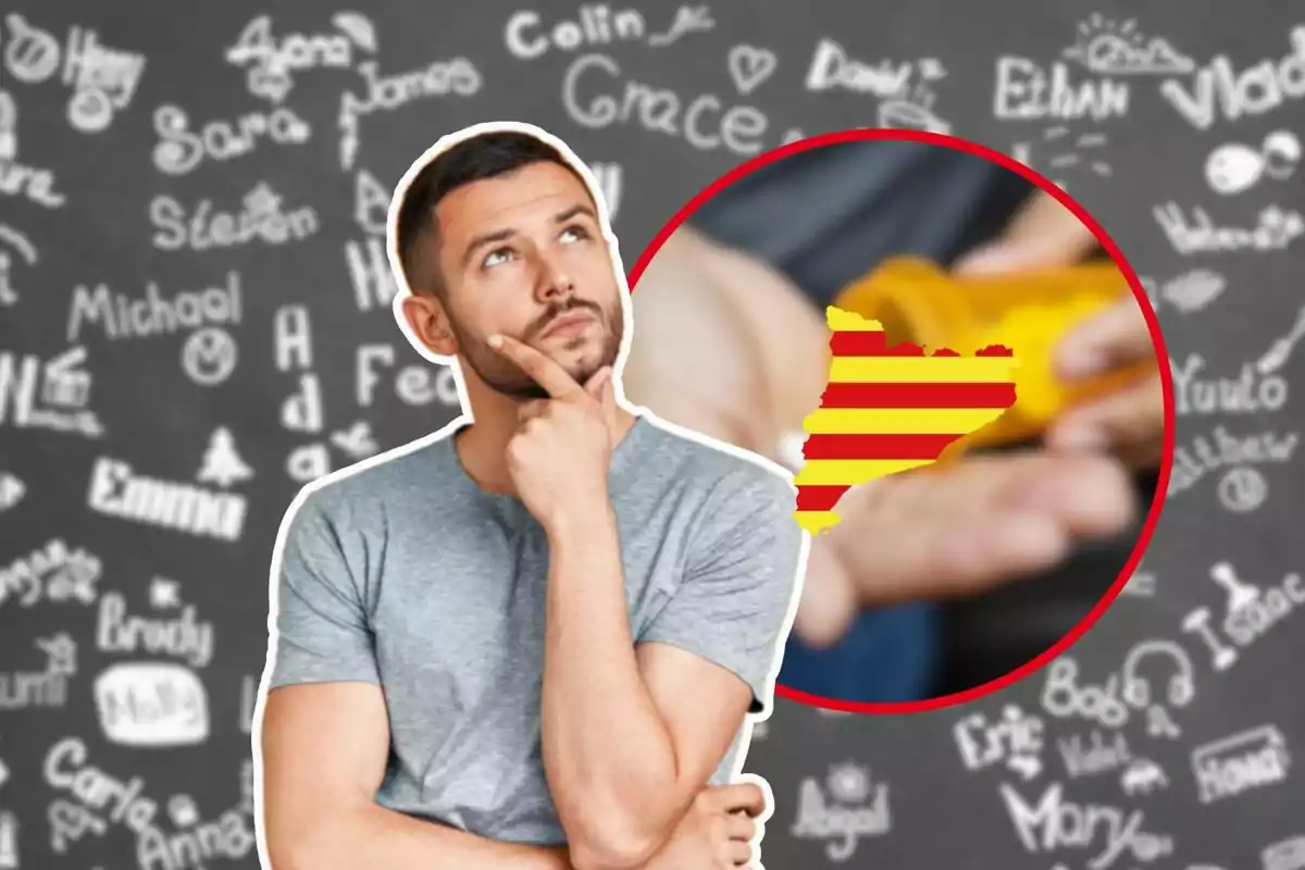 Un home pensatiu amb una samarreta grisa, amb un fons de noms escrits en una pissarra i un cercle que mostra una mà sostenint pastilles i la silueta de Catalunya amb la bandera catalana.