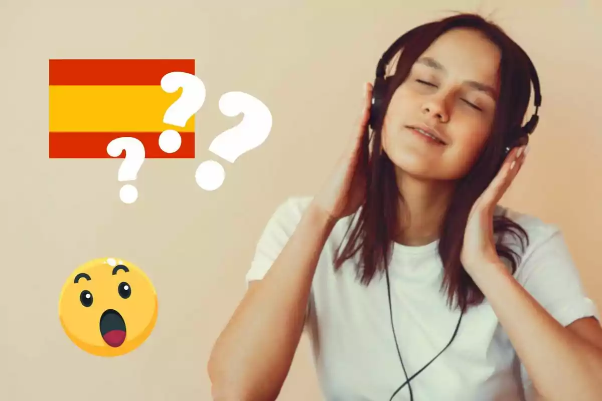 Una dona amb auriculars gaudint de la música, al costat d?una bandera d?Espanya, signes d?interrogació i un emoji sorprès.