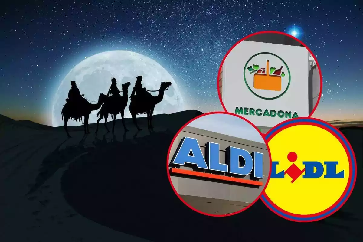 Els tres Reis Mags i els logos de Mercadona, Aldi i Lidl