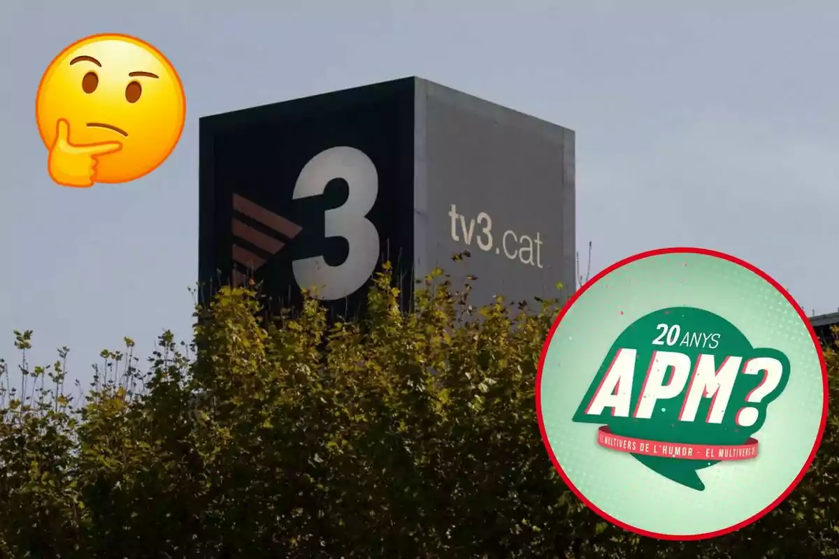 Edifici de TV3 amb un emoji pensatiu i un logotip d'APM? celebrant 20 anys.