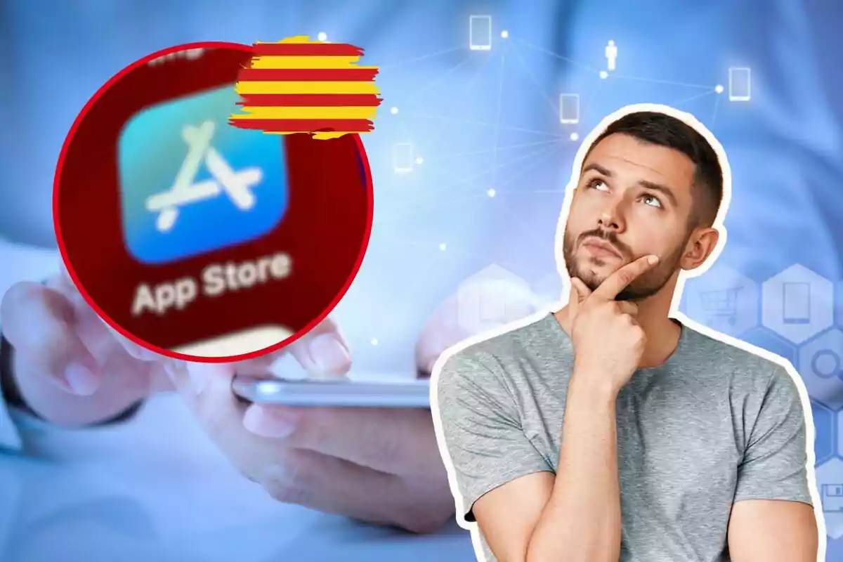 Home pensatiu amb una imatge ampliada de la icona de l'App Store en un fons tecnològic.