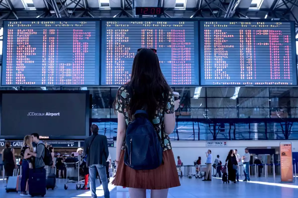 Una persona con mochila observa un tablero de vuelos en un aeropuerto concurrido.