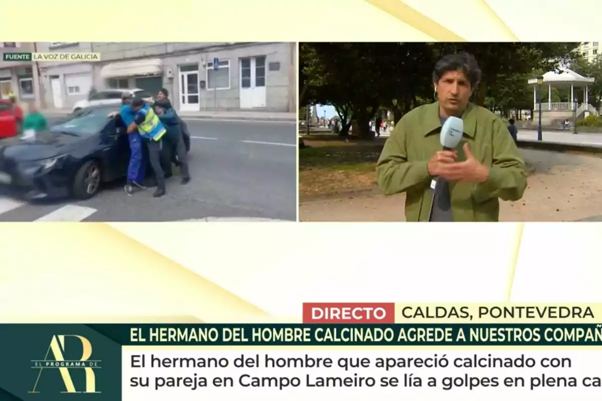 Pantalla dividida d’un informatiu mostrant a l’esquerra una baralla al carrer al costat d’un cotxe i a la dreta un reporter informant en un parc