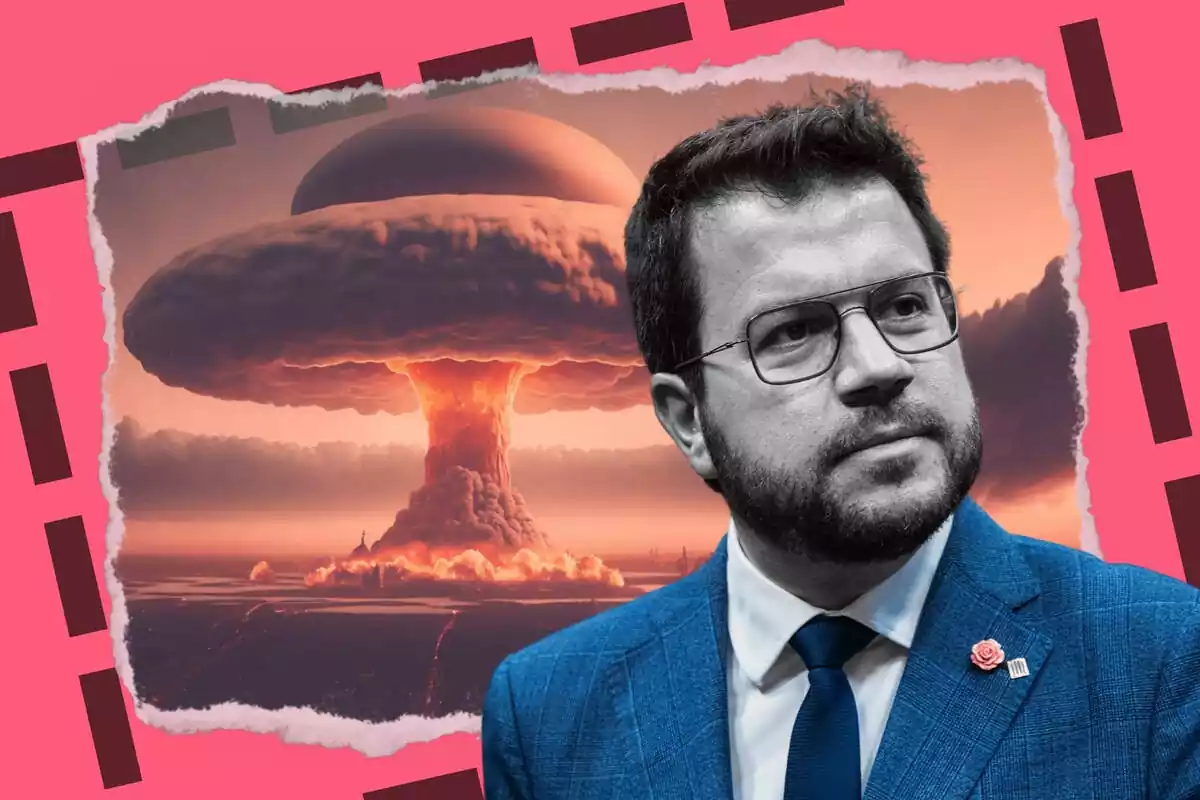 Pere Aragonès en primer pla amb una explosió nuclear de fons