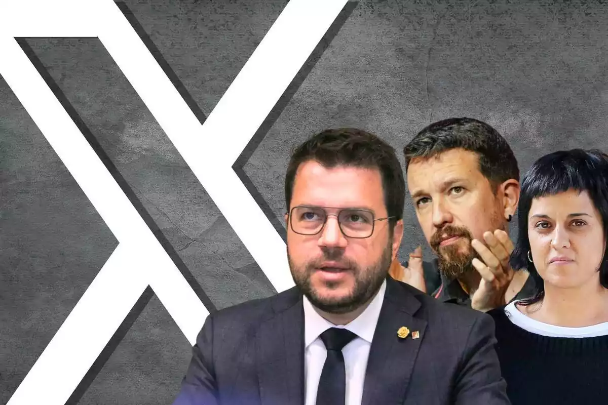 Muntatge amb els líders polítics d'esquerres, Pere Aragonès, Pablo Iglesias i Anna Gabriel, amb el logotip de la xarxa social X al costat