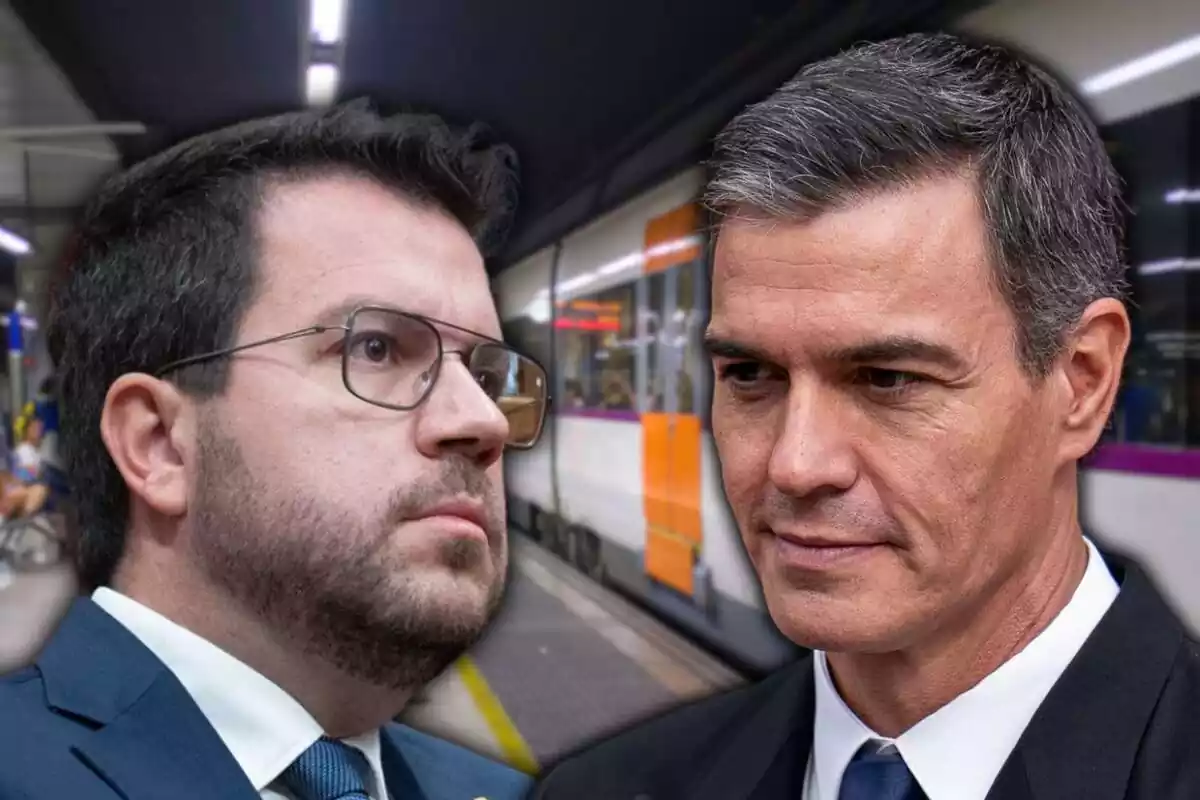 Muntatge amb dos primers plànols de Pere Aragonès i Pedro Sánchez amb cara de pocs amics i de fons una imatge d?un tren de Rodalies