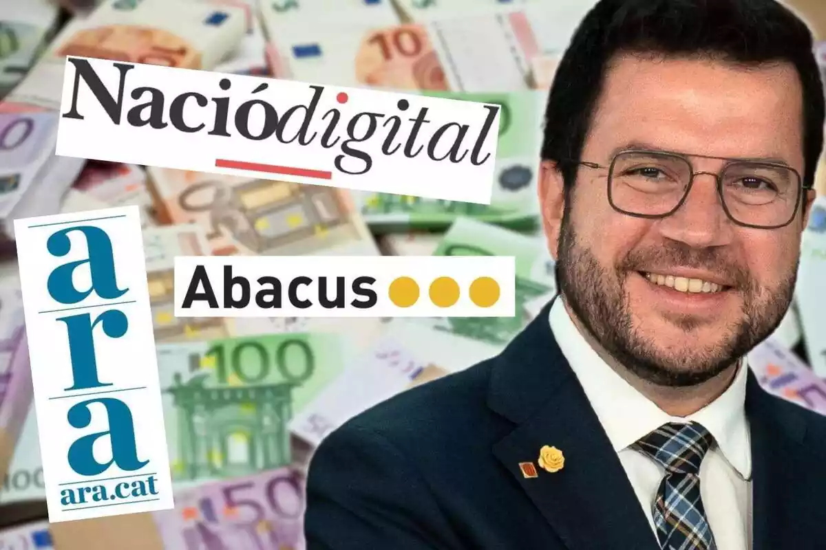 Muntatge d'un pla mitjà de Pere Aragonès somrient, una imatge de bitllets d'euros de fons i els logos del diari Ara, Nacio Digital i Abacus