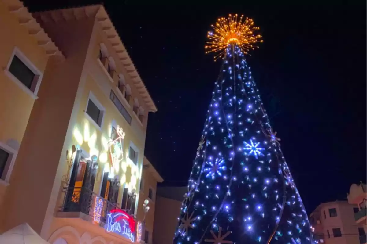 Un arbre de Nadal il·luminat amb llums brillants al costat d'un edifici decorat a la nit.