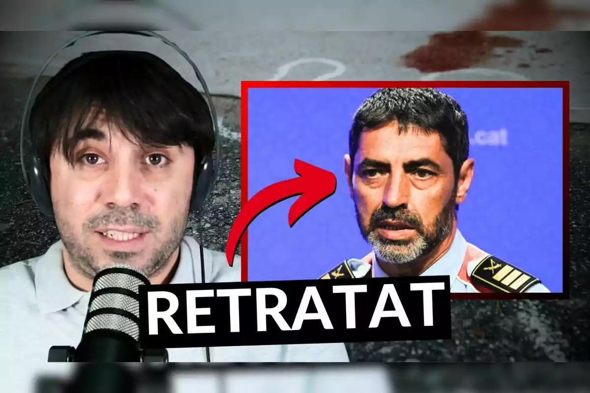 A man with headphones and a microphone appears next to an image of another person in uniform, with the word "RETRATAT" in the center.