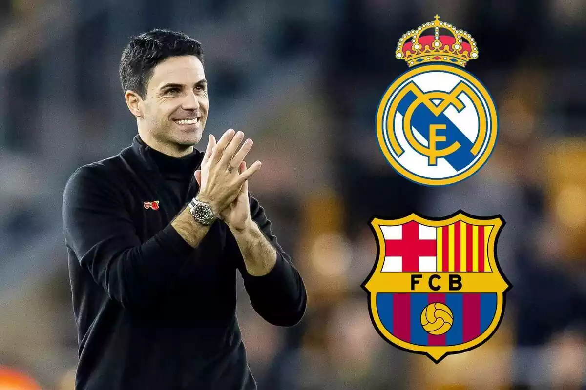 Montaje de Arteta con el escudo del Real Madrid y el FC Barcelona