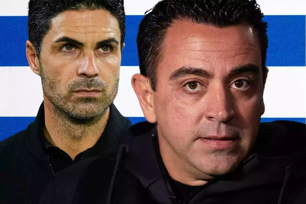 Xavi Hernández mira al capdavant amb Mikel Arteta al fons sobre un fons de color blau i blanc