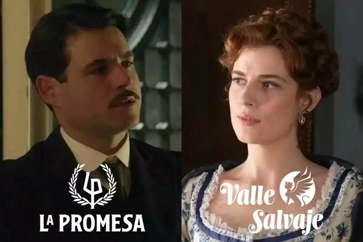 Dos personatges d'època, Arturo Sancho amb bigoti i vestit fosc a l'esquerra amb el logotip de "La Promesa" i Rocío Suárez de Puga amb vestit elegant a la dreta amb el logotip de "Valle Salvaje".