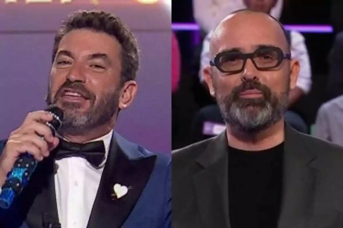 Arturo Valls amb un micro a la mà a Mask Singer a l'esquerra amb Risto Mejide amb expressió contenta a DEMOS: El Gran Sondeig a la dreta.