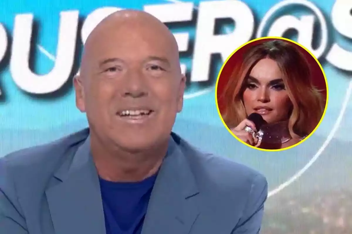 Alfonso Arús calb somriu a Aruser@s amb una imatge circular de Melody sostenint un micròfon a Eurovisió a la cantonada superior dreta.