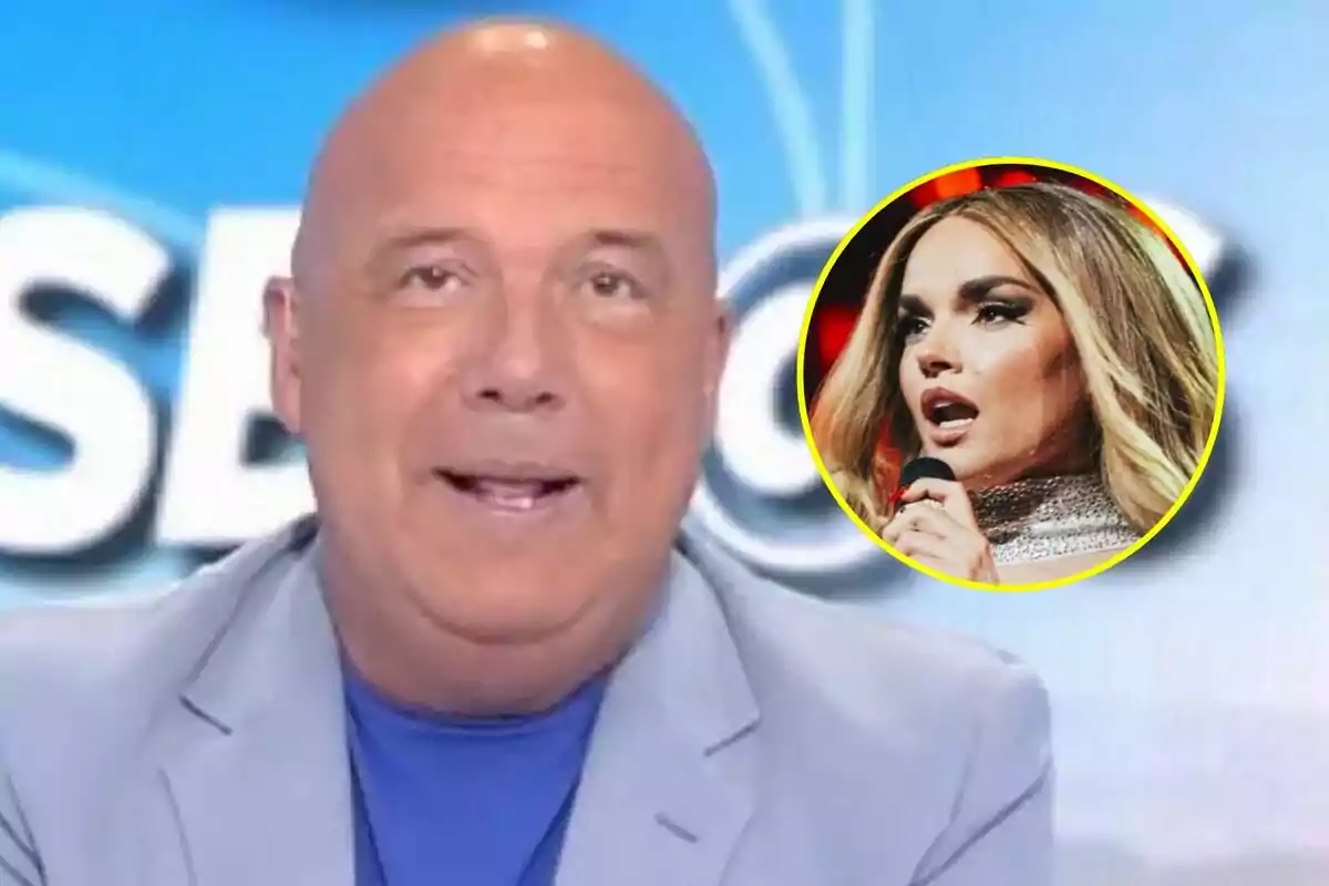 Alfonso Arús calb amb jaqueta blau clar apareix a Aruser@s amb un cercle groc que mostra a Melody cantant a Eurovisió.