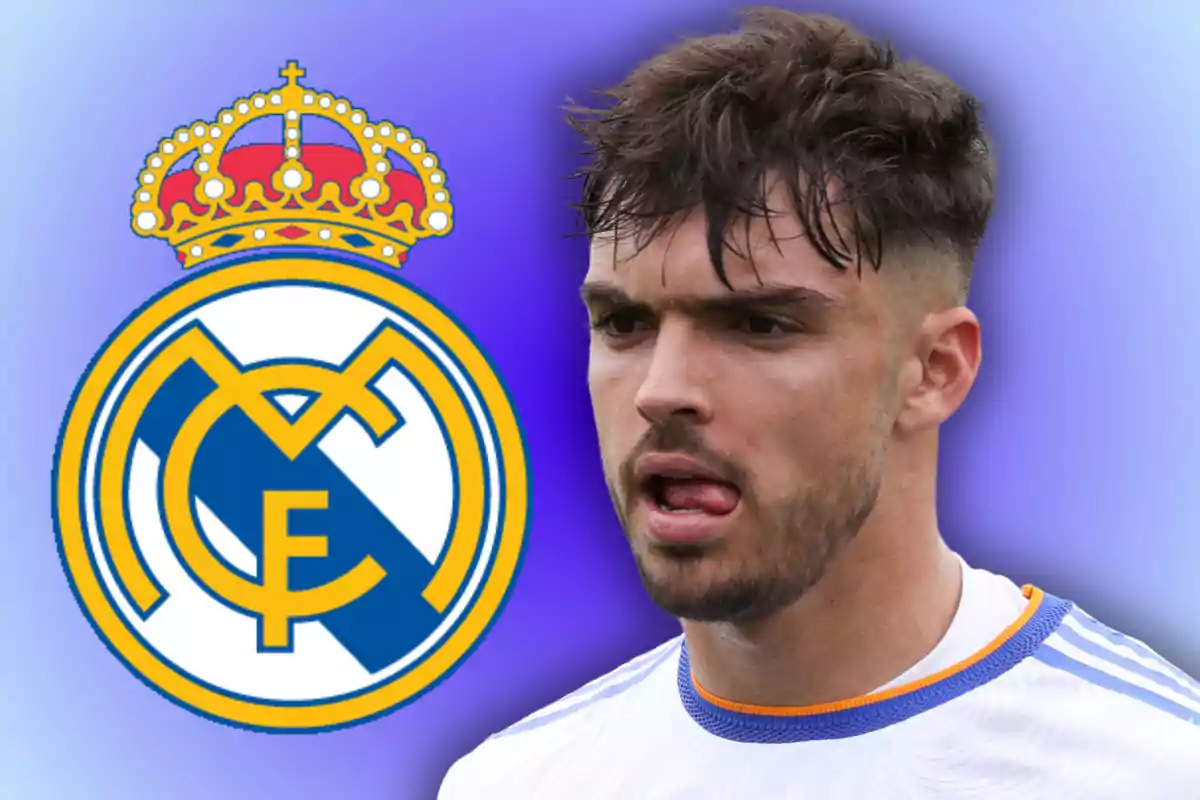 A soccer player wearing a Real Madrid jersey next to the team's crest on a blue background.