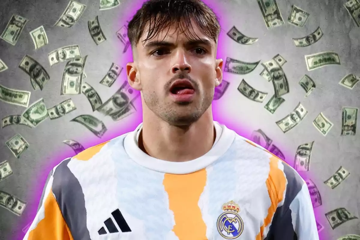 Un jugador de fútbol con una camiseta del Real Madrid está rodeado de billetes de dólar flotando en el aire.