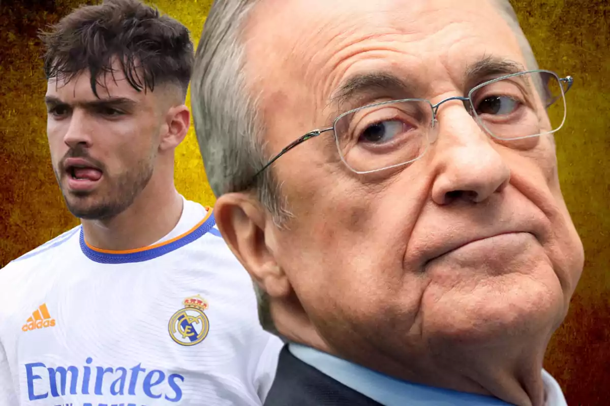 Un jugador de fútbol con la camiseta del Real Madrid aparece en el fondo mientras un hombre mayor con gafas está en primer plano.