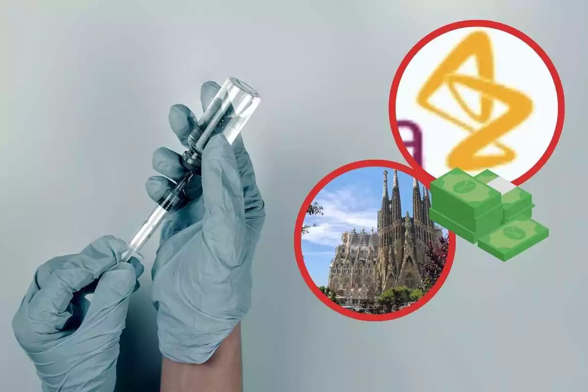 Uns guants posant una vacuna i al costat un cercle amb la Sagrada Família, el símbol d'AstraZeneca i un emoji amb diners