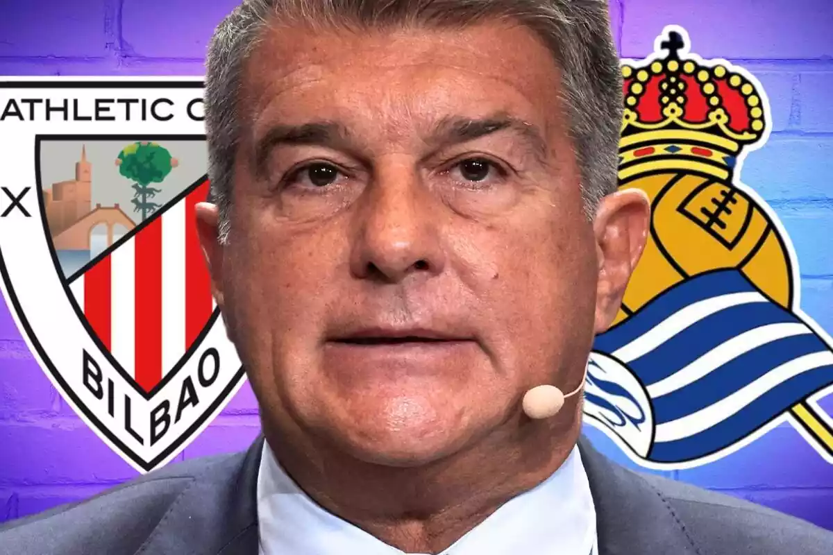 Joan Laporta amb l'escut de l'Athletic Club i la Reial Societat