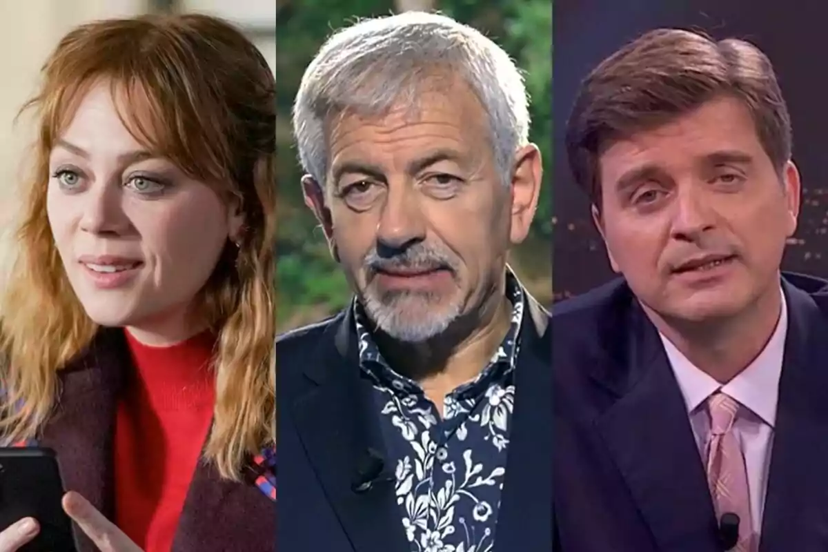 Tres personas Bahar en Renacer, Carlos Sobera en Supervivientes y Marc Giró en Late Xou aparecen en una imagen dividida en tres secciones verticales, cada una mostrando a una persona diferente en un entorno posiblemente televisivo o de entrevista.