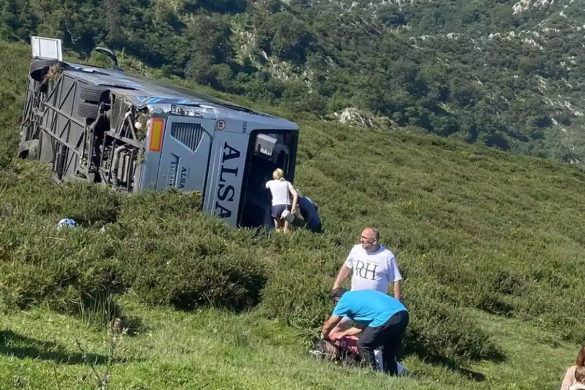 Imatge de l'autobús accidentat a Lagos de Covadonga (Astúries) vorejat en un camí