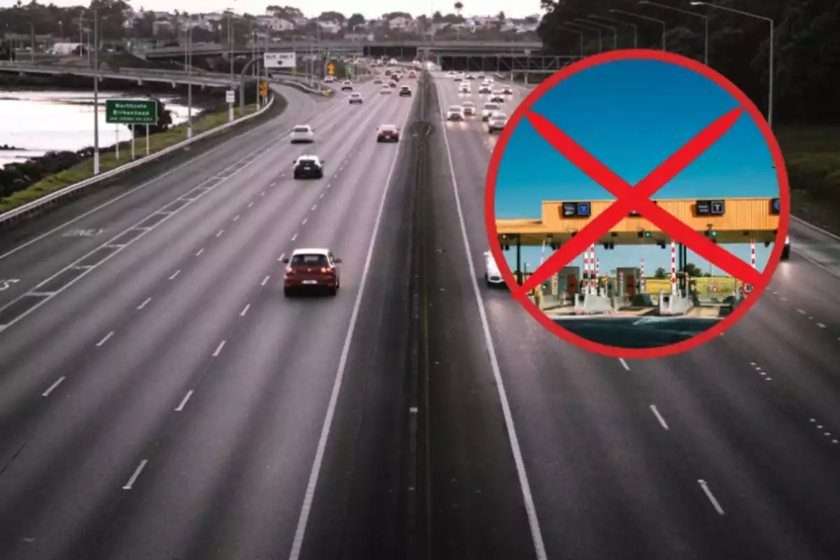 Autopista amb una imatge d'un peatge amb una creu a sobre