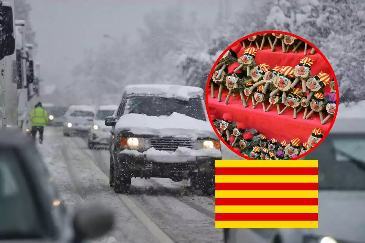 Una carretera nevada amb cotxes en moviment i un requadre que mostra figures de Tió de Nadal sobre una tela vermella amb una bandera amb franges grogues i vermelles.