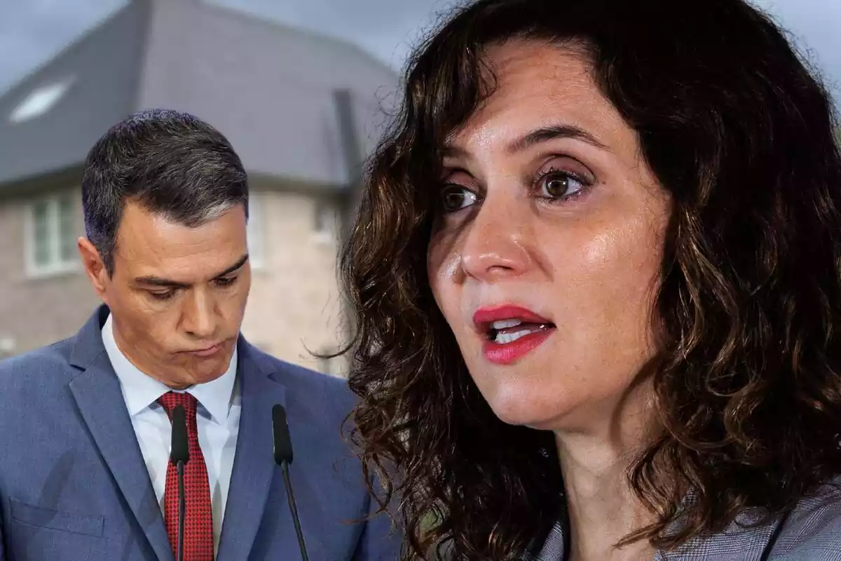 Muntatge amb un primer pla gran d'Isabel Díaz Ayuso de perfil i un pla mitjà de Pedro Sánchez capcot amb cara de preocupació