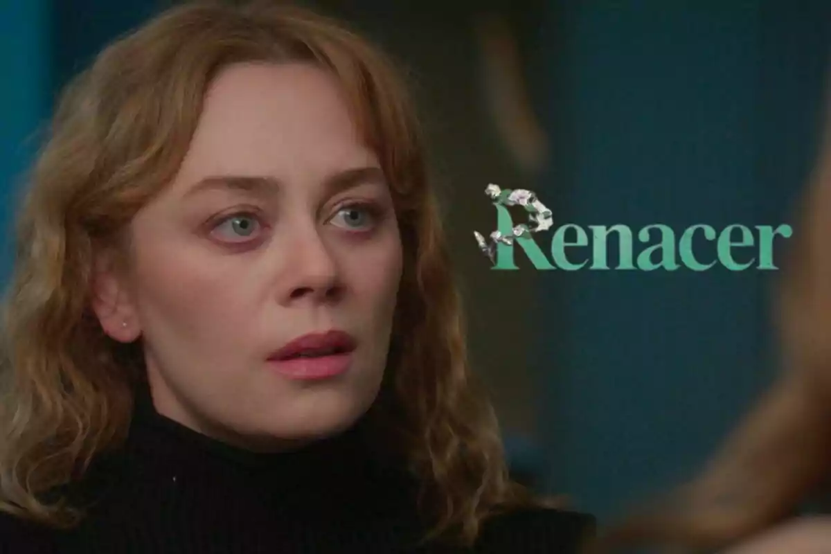 Bahar de cabell ros i solt amb expressió seriosa i la paraula Renéixer escrita al seu costat